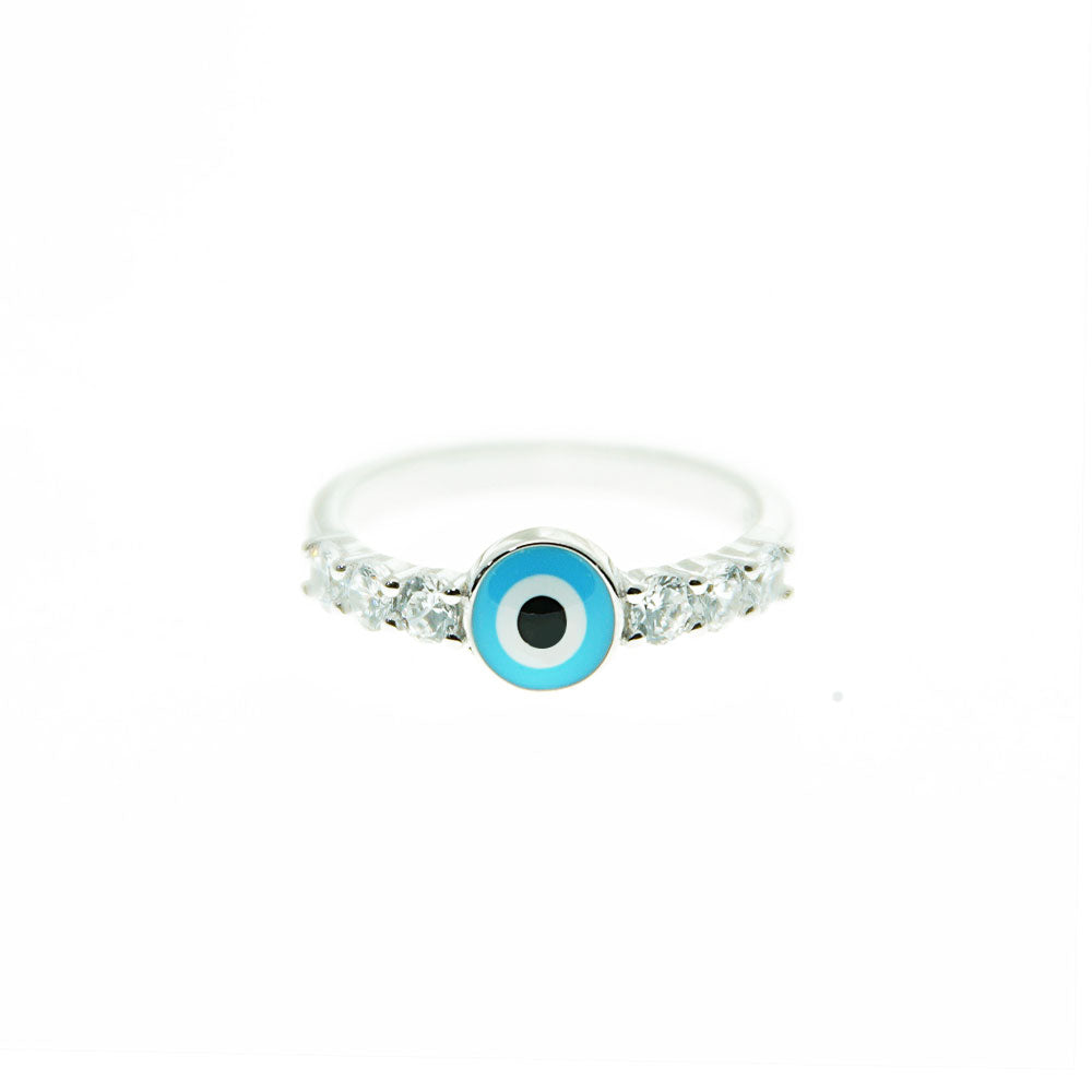 Silver House White Zircon Light Blue Enamel Round Evil Eye 925 Silver Ring Individuation Fashion Accessories