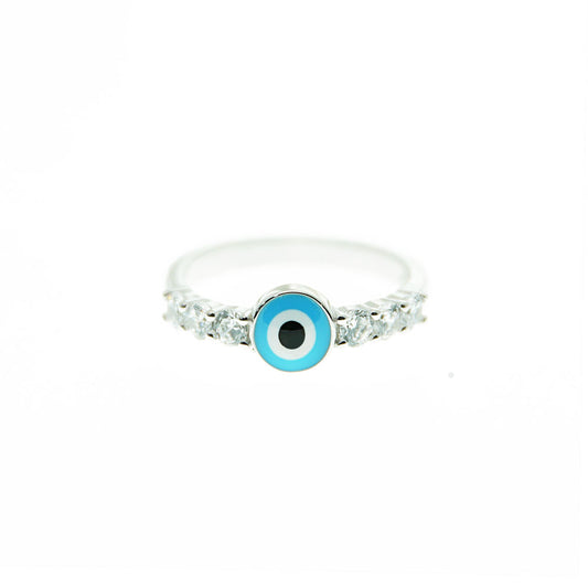 Silver House White Zircon Light Blue Enamel Round Evil Eye 925 Silver Ring Individuation Fashion Accessories