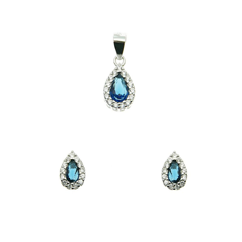 Silver House Sapphire White Zircon Tear Drop Silver 925 Jewelry Set