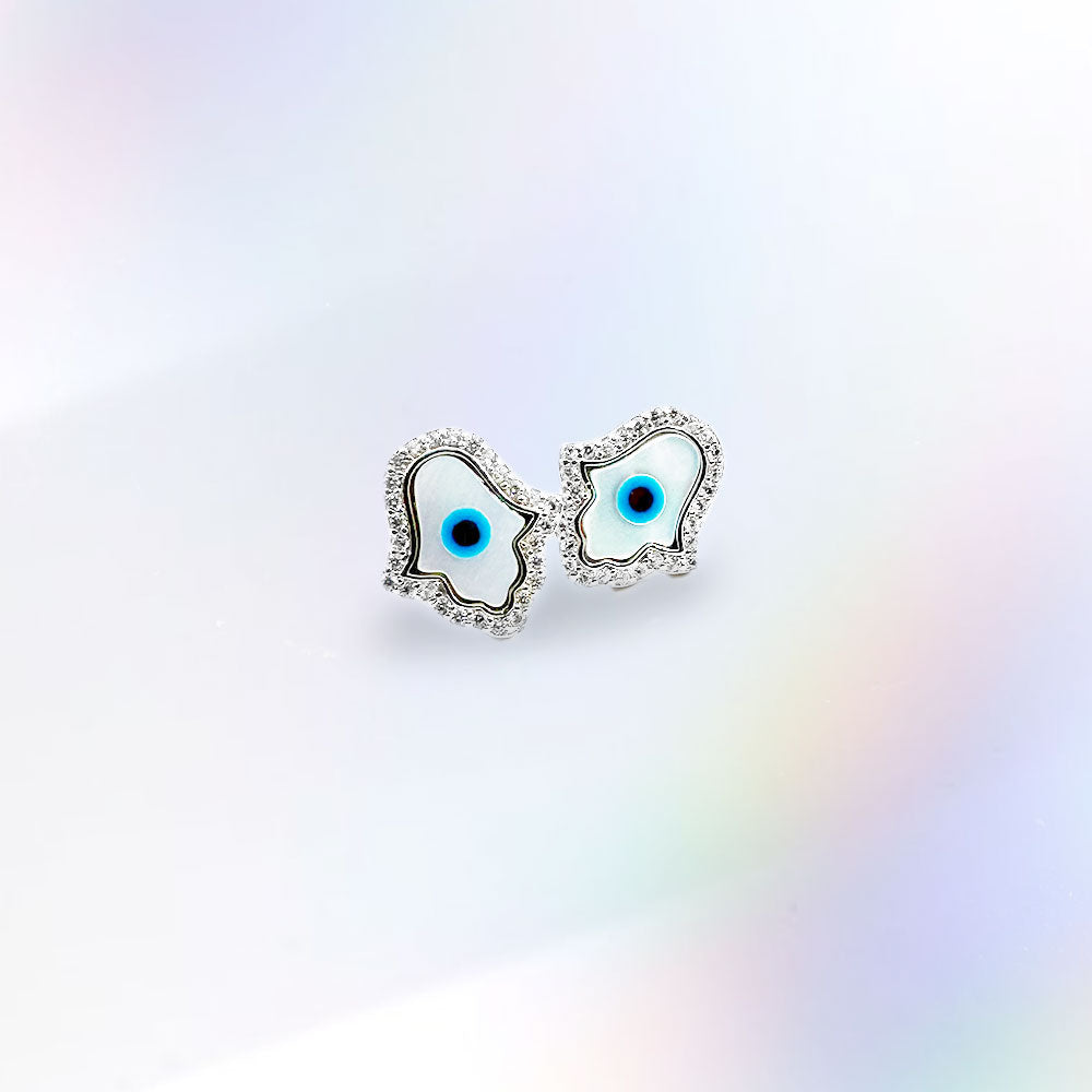 Silver House White Zircon Mop Evil Eye Hamsa Silver 925 Stud Earrings Individuation Fashion Accessories