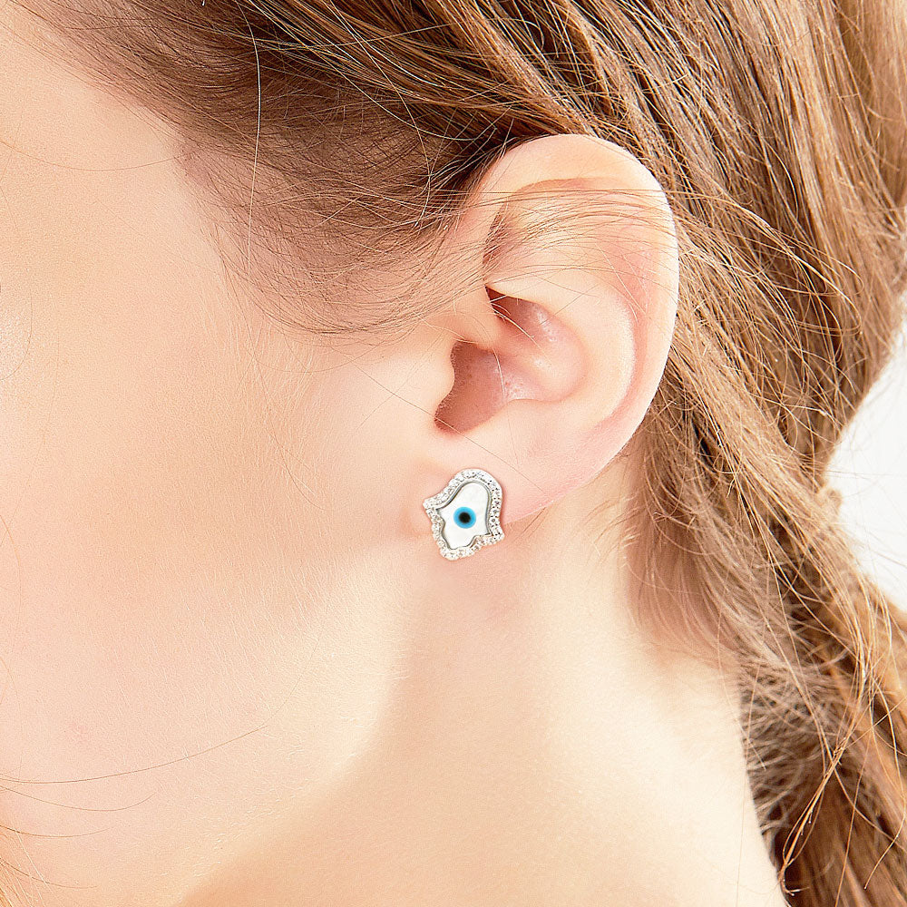 Silver House White Zircon Mop Evil Eye Hamsa Silver 925 Stud Earrings Individuation Fashion Accessories