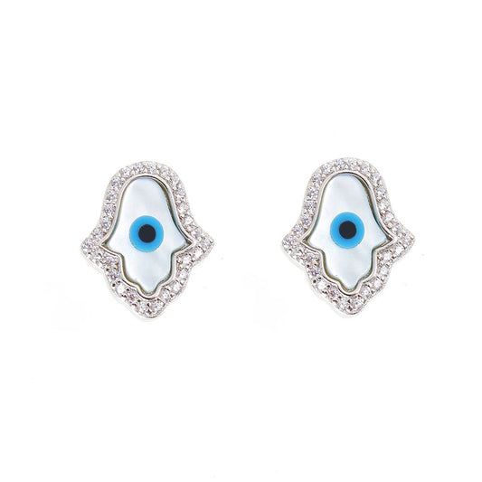 Silver House White Zircon Mop Evil Eye Hamsa Silver 925 Stud Earrings Individuation Fashion Accessories