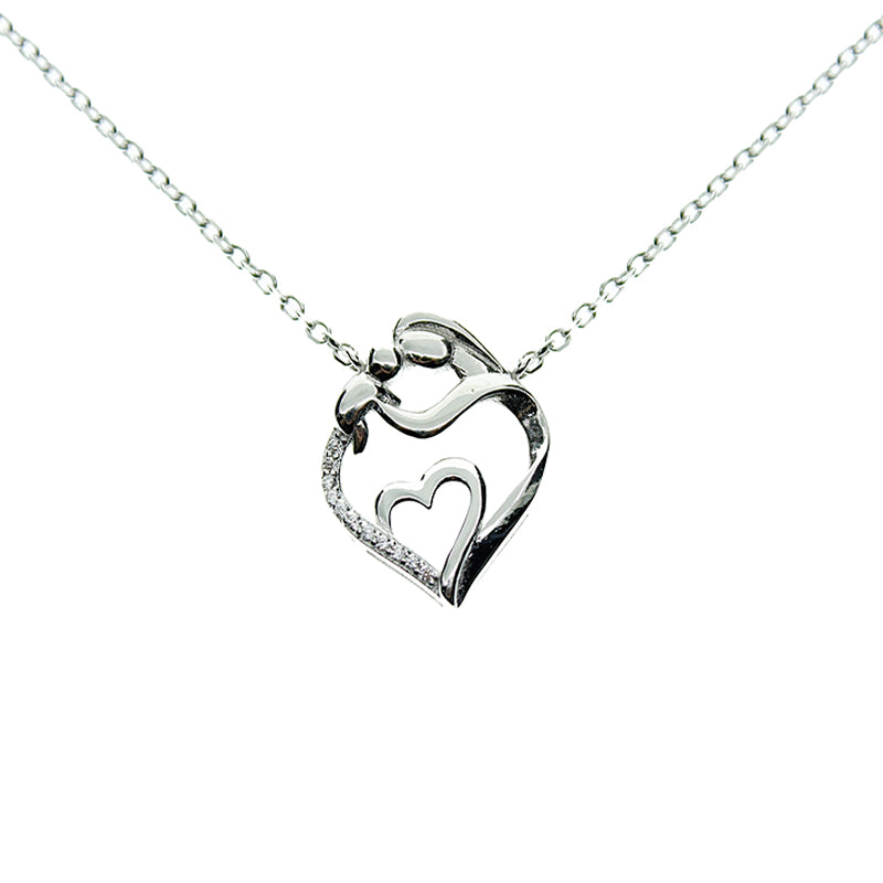 Silver House White Zircon Mum & Baby Heart Shaped Silver 925 Necklace