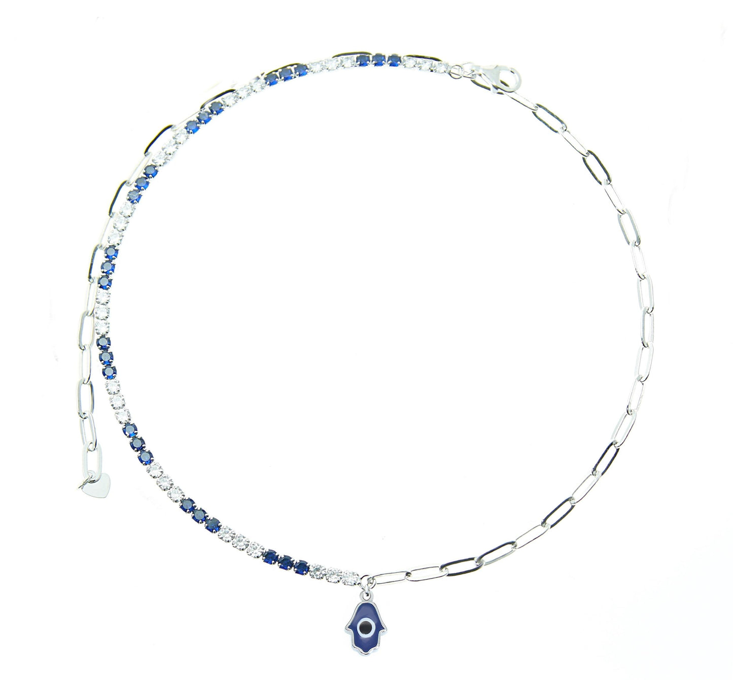 Silver House Sapphire and white zircon dark blue enamel fatima hand evil eye curb chain silver 925 bracelet