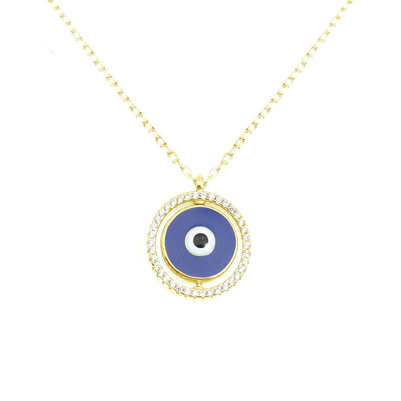 Silver House Evil Eye Dark Blue & Light Blue Two Sided Enamel Circle Zircon Rotatable Silver 925 Necklace