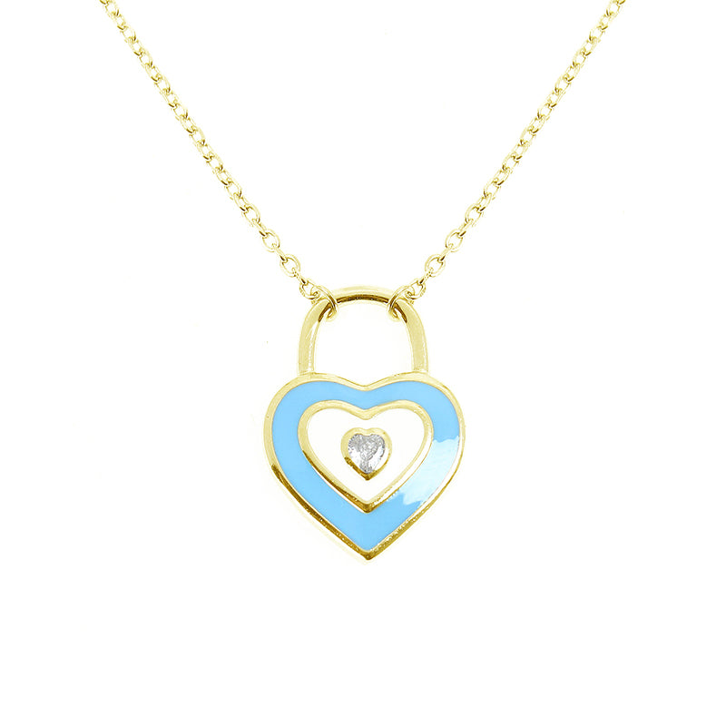 Silver House Light  Blue Heart Shaped Lock Enamel Round Shaped Zircon Silver 925 Necklace