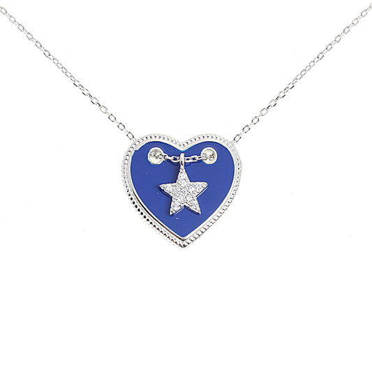 Silver House Blue Enamel Heart Shaped & Zircon Star Shaped Silver 925 Necklace Young Girl