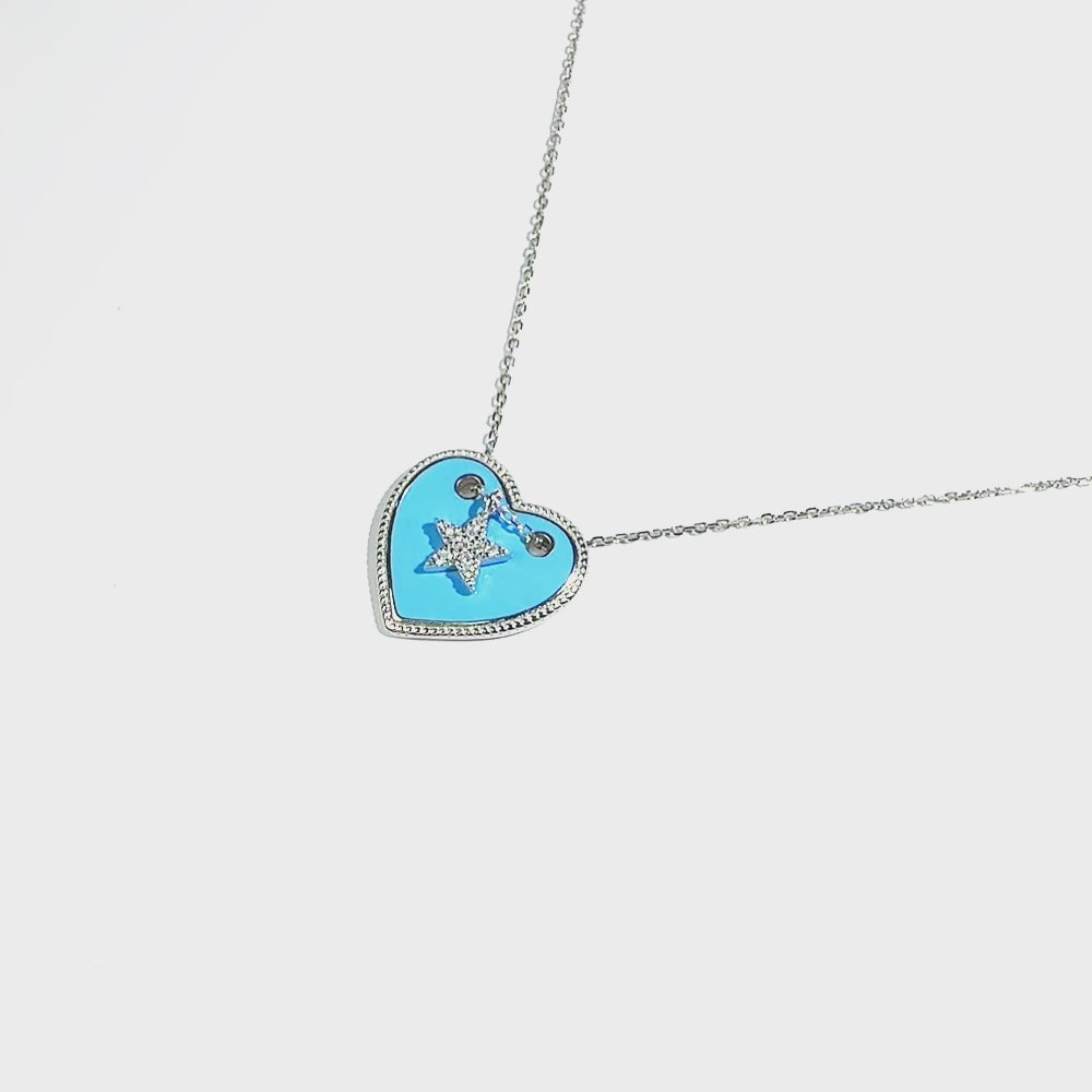 Silver House Light Blue Enamel Heart Shaped & Zircon Star Shaped Silver 925 Necklace Young Girl