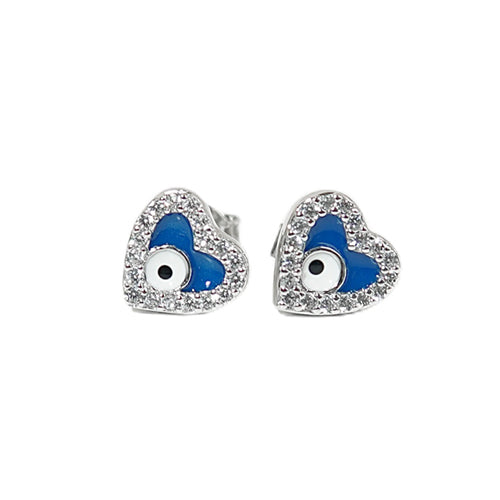 White zircon dark blue enamel heart shaped evil eye silver 925 jewelry earrings