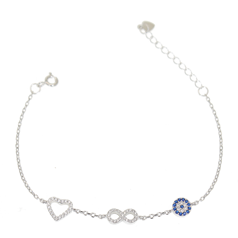 Sapphire and white zircon infinity heart evil eye silver 925 bracelet