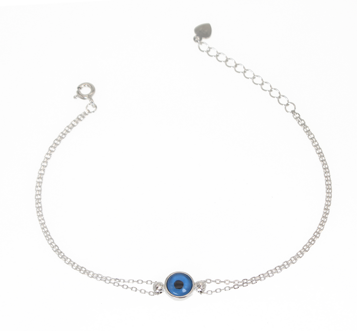 Dark blue round evil eye silver 925 double chain bracelet