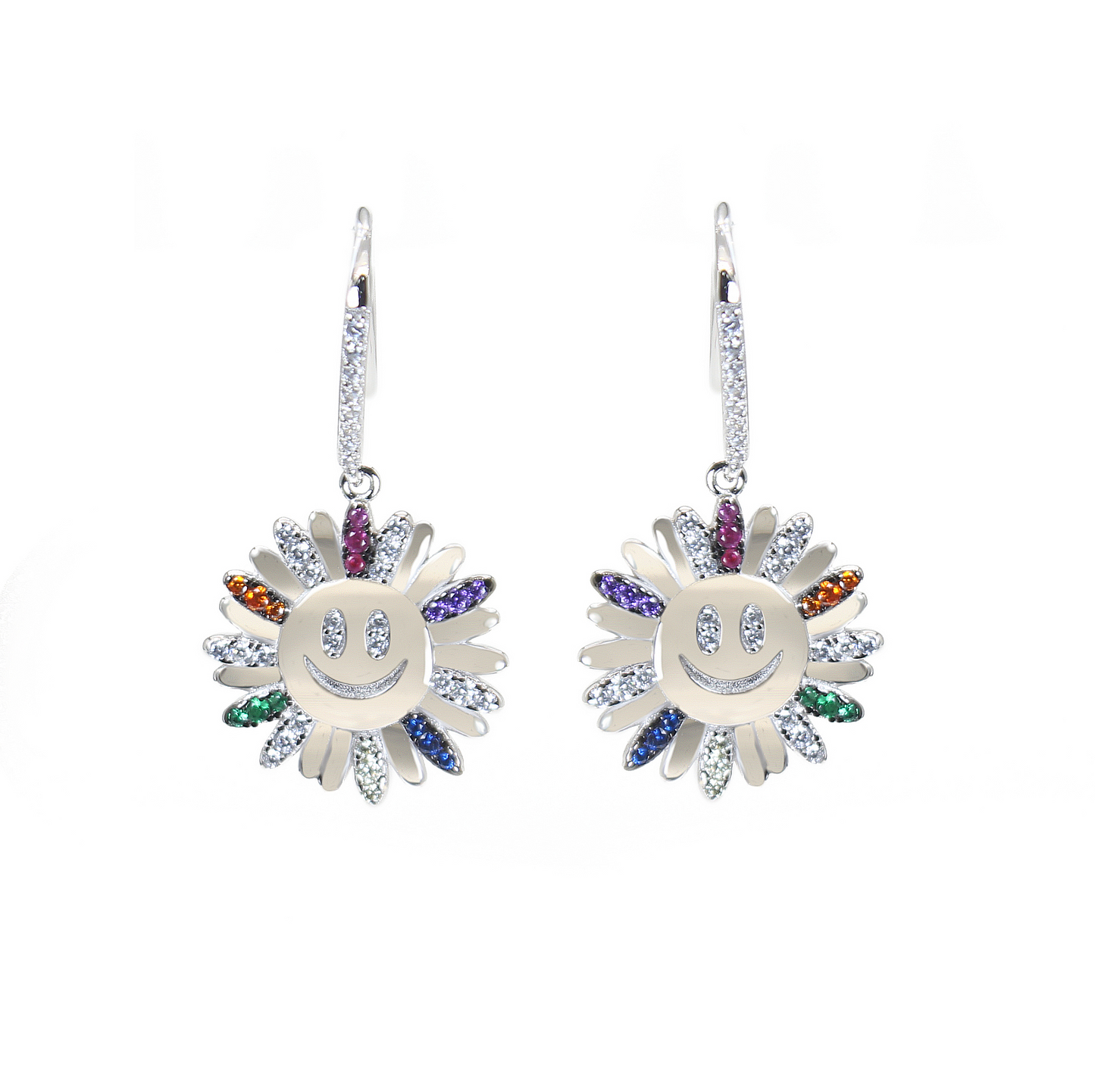 Rainbow color zircon happy face flower silver 925 hook earrings