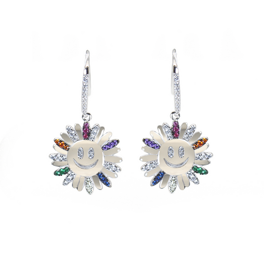 Rainbow color zircon happy face flower silver 925 hook earrings