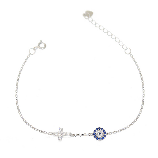 Sapphire and white zircon evil eye with cross silver 925 bracelet