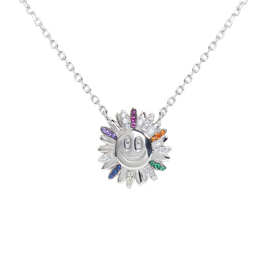 Rainbow color zircon happy face flower silver 925 necklace