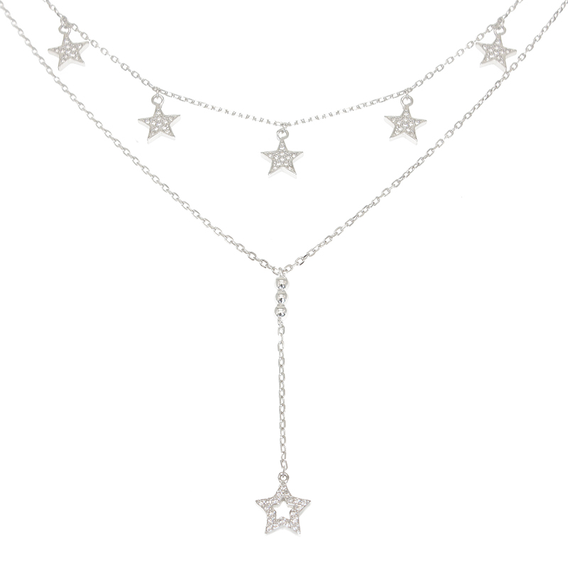 White zircon stars double chain silver 925 necklace