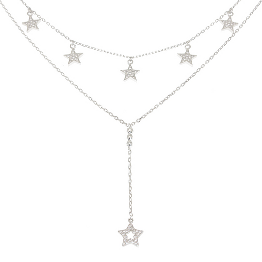 White zircon stars double chain silver 925 necklace