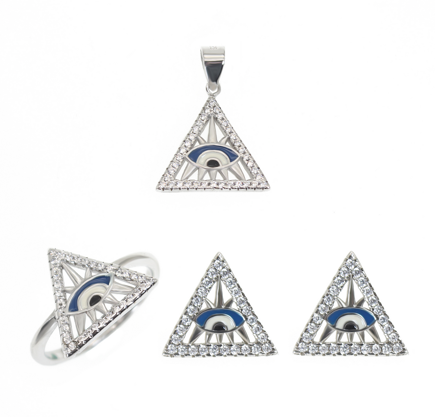 White zircon dark blue enamel triangle evil eye silver 925 jewelry set