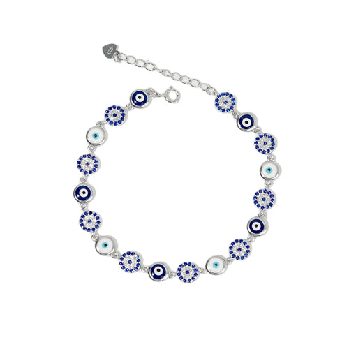 Sapphire and white zircon white dark blue enamel round shaped evil eye silver 925 jewelry bracelet