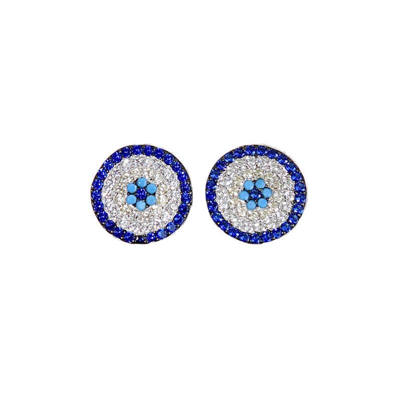 Sapphire yellow turquoise and white zircon round evil eye silver 925 earrings