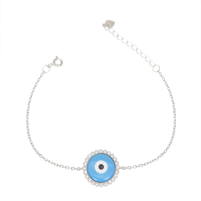 Turquoise eye white zircon round shaped evil eye silver 925 jewelry bracelet