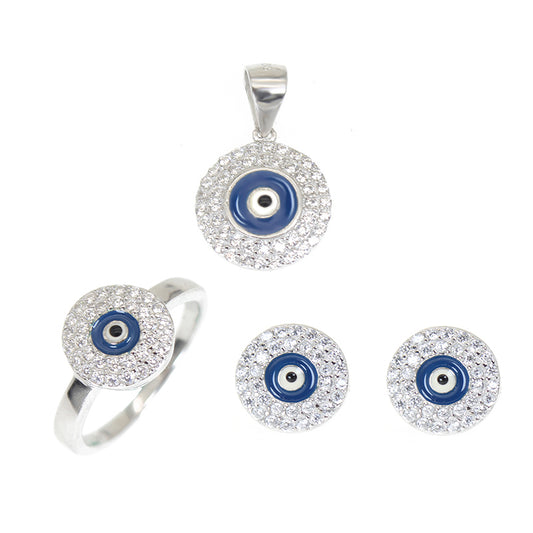 White zircon dark blue enamel round evil eye silver 925 jewelry pendant ring earrings set