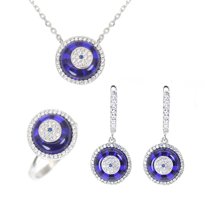 Sapphire and white zircon dark blue ring round evil eye silver 925 jewelry necklace ring earrings set