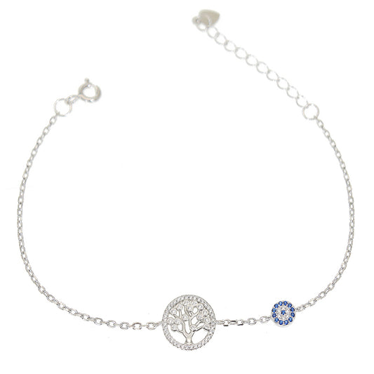 Sapphire and white zircon tree of life round evil eye silver 925 bracelet