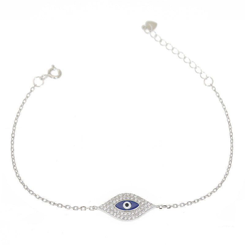 White zircon dark blue enamel marquise evil eye silver 925 bracelet