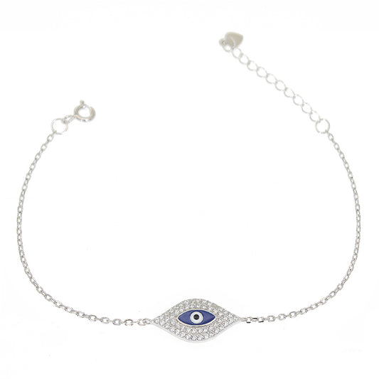 White zircon dark blue enamel marquise evil eye silver 925 bracelet