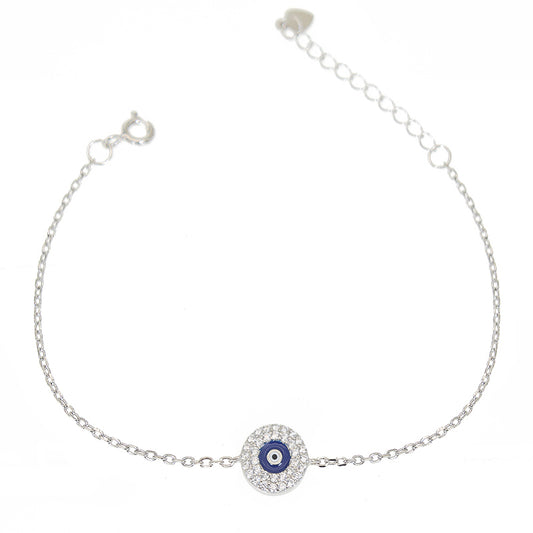 White zircon dark blue enamel round shape evil eye silver 925 bracelet