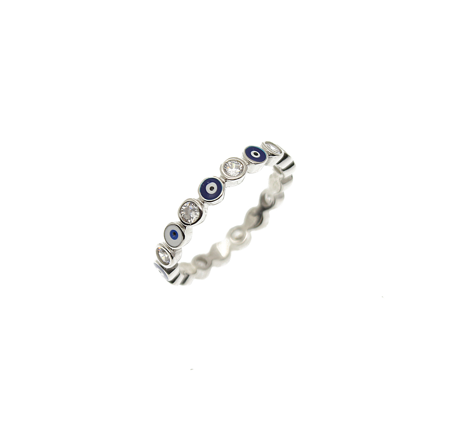 2mm Dark Blue White Enamel White Zircon Evil Eye Silver 925 Ring