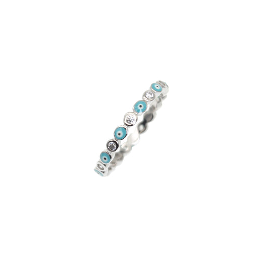 2mm Turquoise Enamel White Zircon Evil Eye Silver 925 Ring