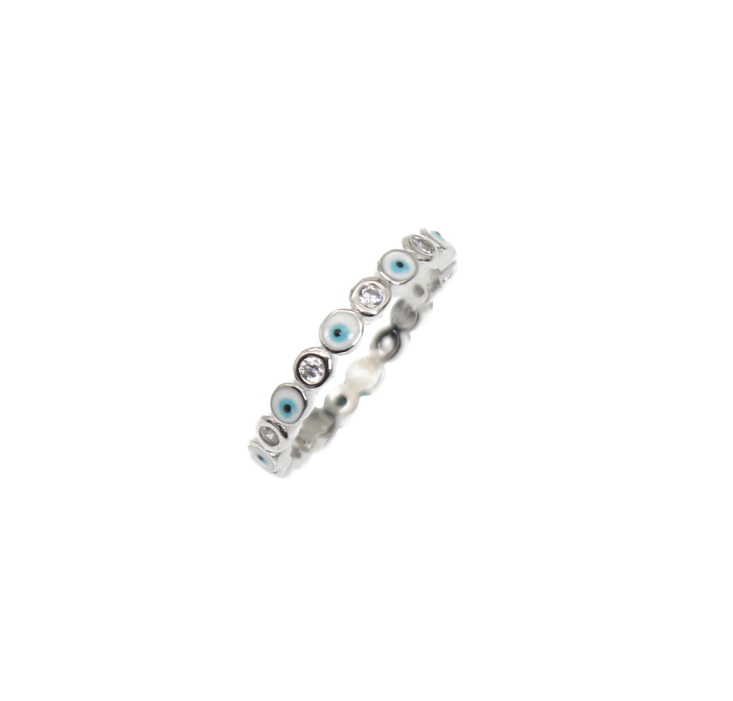 2mm White Enamel White Zircon Evil Eye Silver 925 Ring