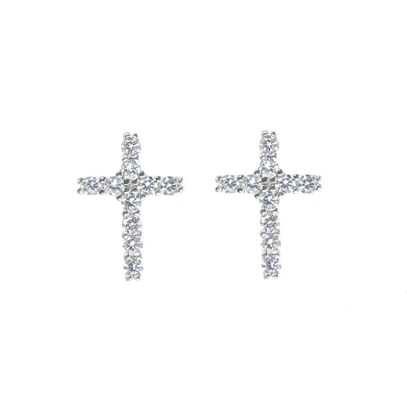 White zircon cross religion silver 925 earrings