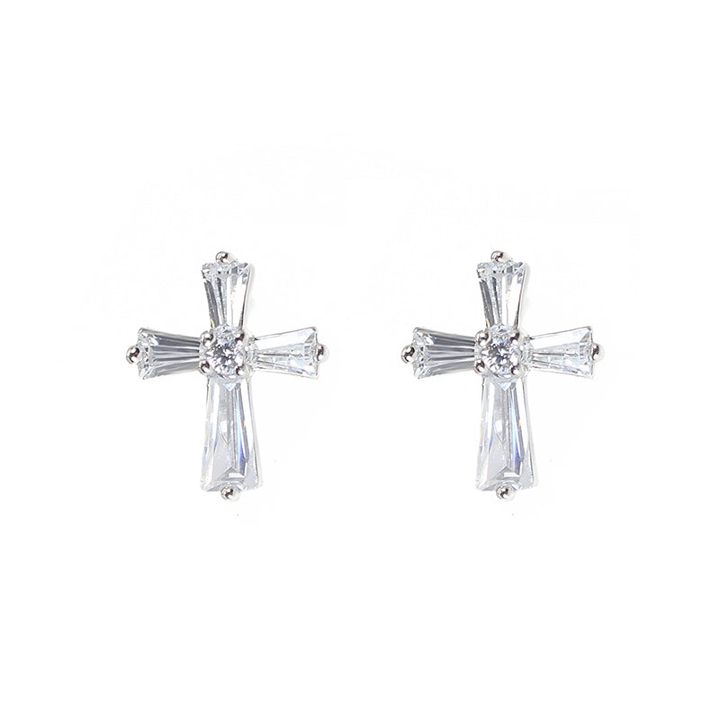 White zircon cross religion silver 925 earrings