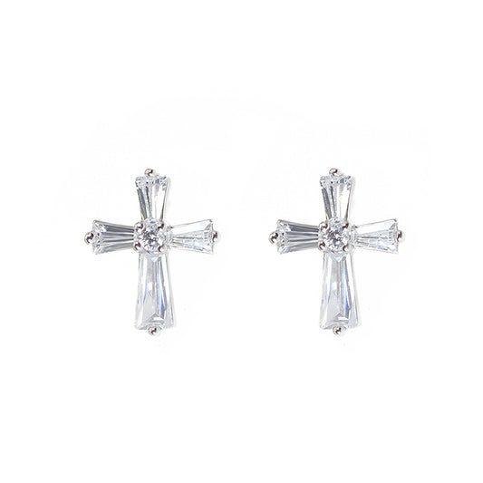 White zircon cross religion silver 925 earrings