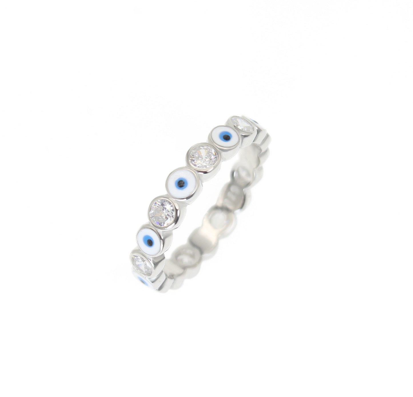 4mm White Enamel White Zircon Evil Eye Silver 925 Ring