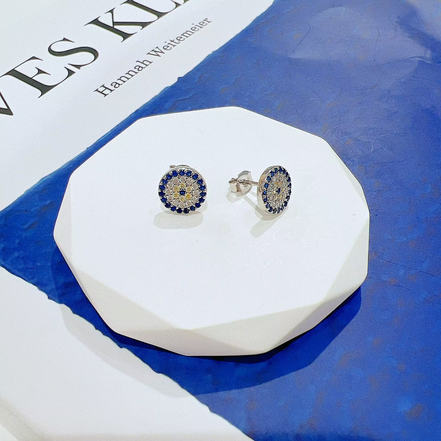 Sapphire and yellow zircon 10mm round shape evil eye silver 925 earrings