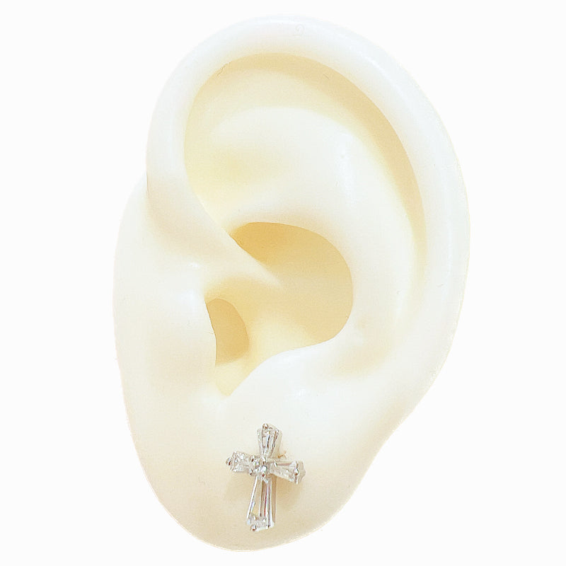 White zircon cross religion silver 925 earrings