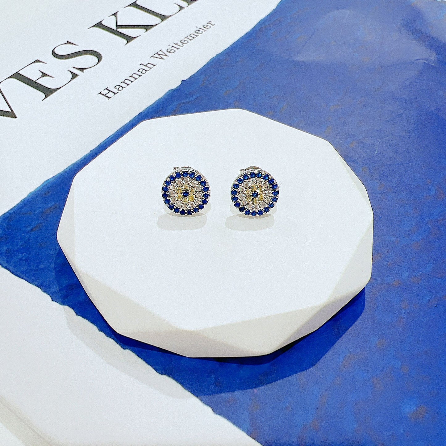 Sapphire and yellow zircon 10mm round shape evil eye silver 925 earrings