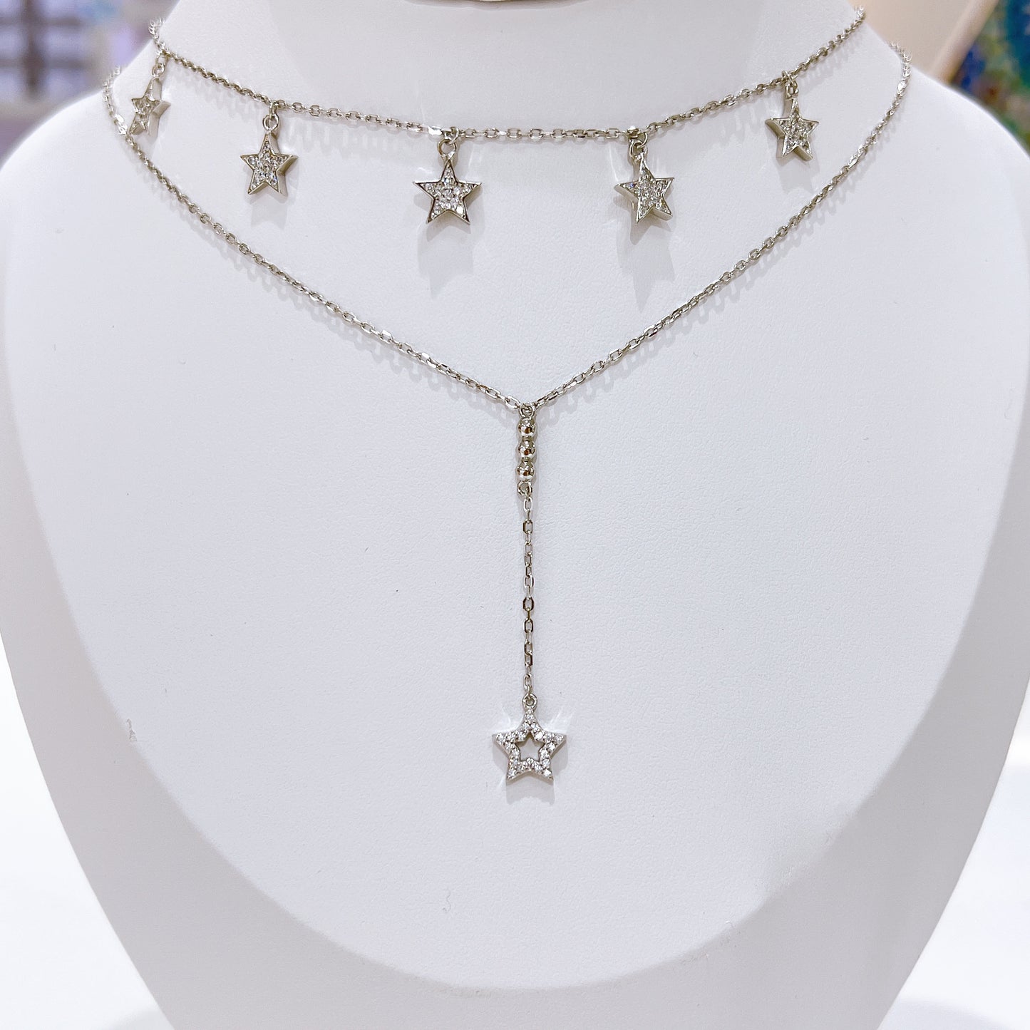 White zircon stars double chain silver 925 necklace