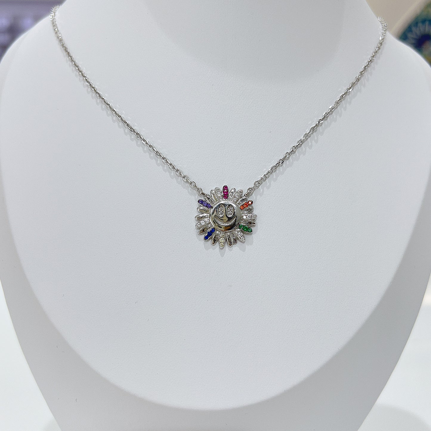 Rainbow color zircon happy face flower silver 925 necklace