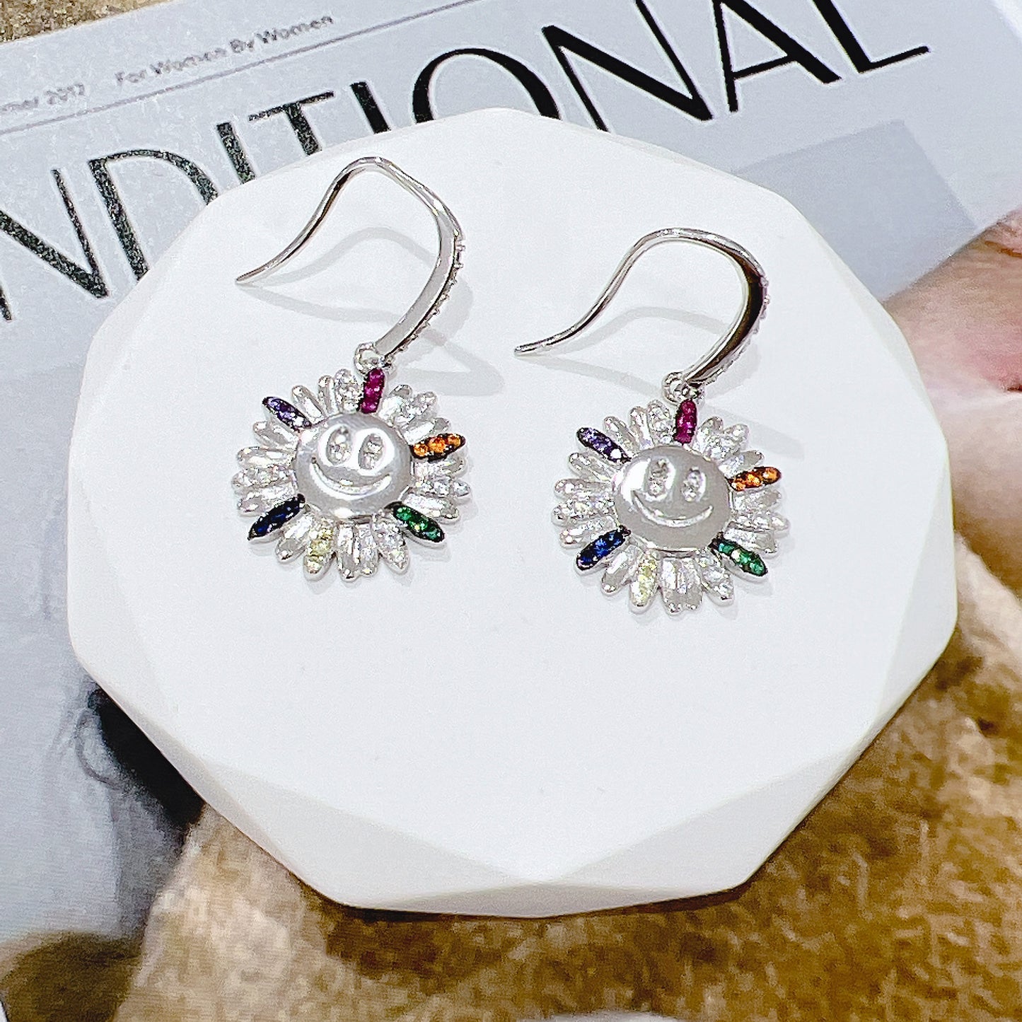 Rainbow color zircon happy face flower silver 925 hook earrings