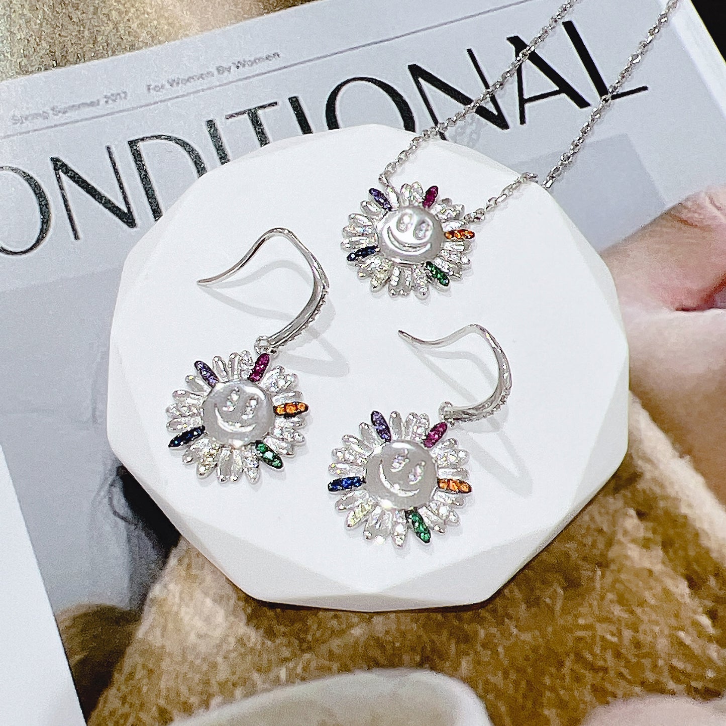 Rainbow color zircon happy face flower silver 925 hook earrings