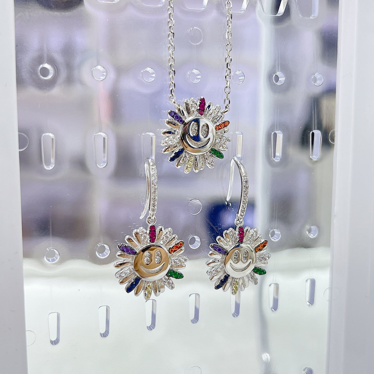 Rainbow color zircon happy face flower silver 925 hook earrings