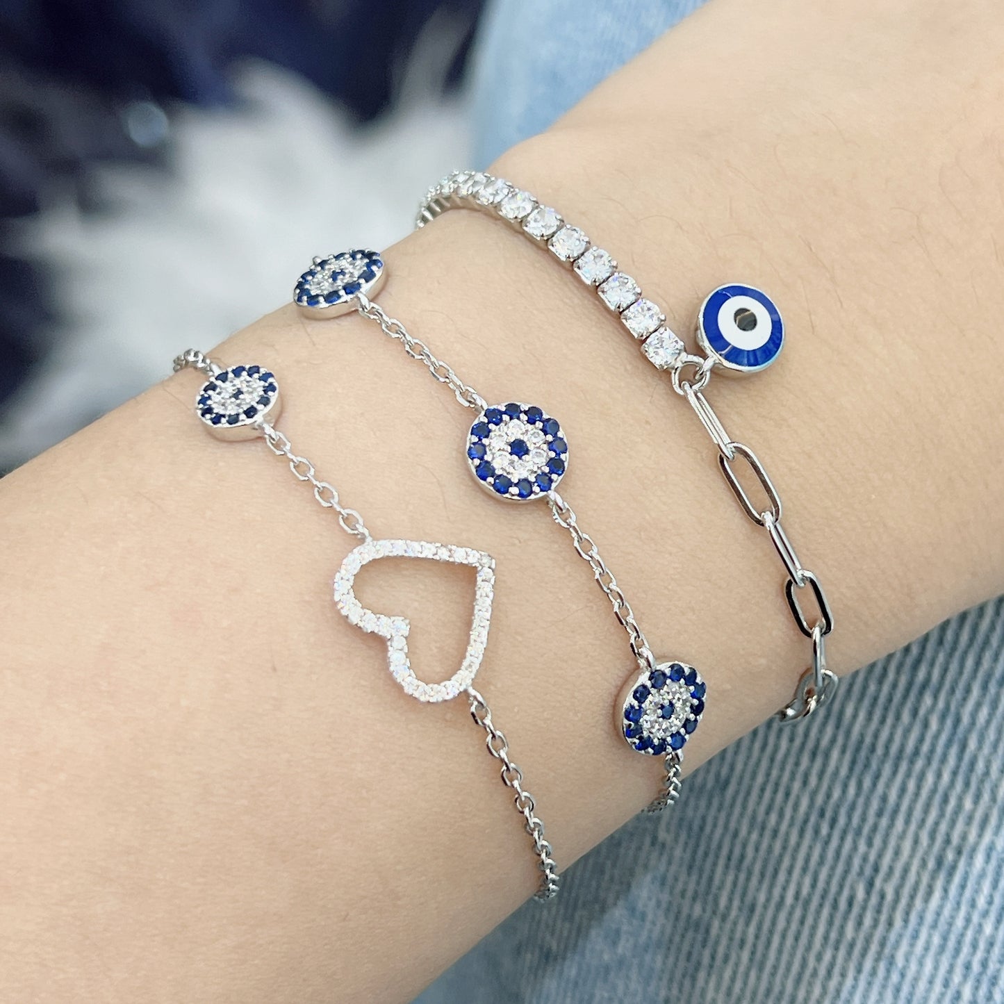 Eye and Heart Bracelet with Sapphire and Zircon Stones - Silver 925