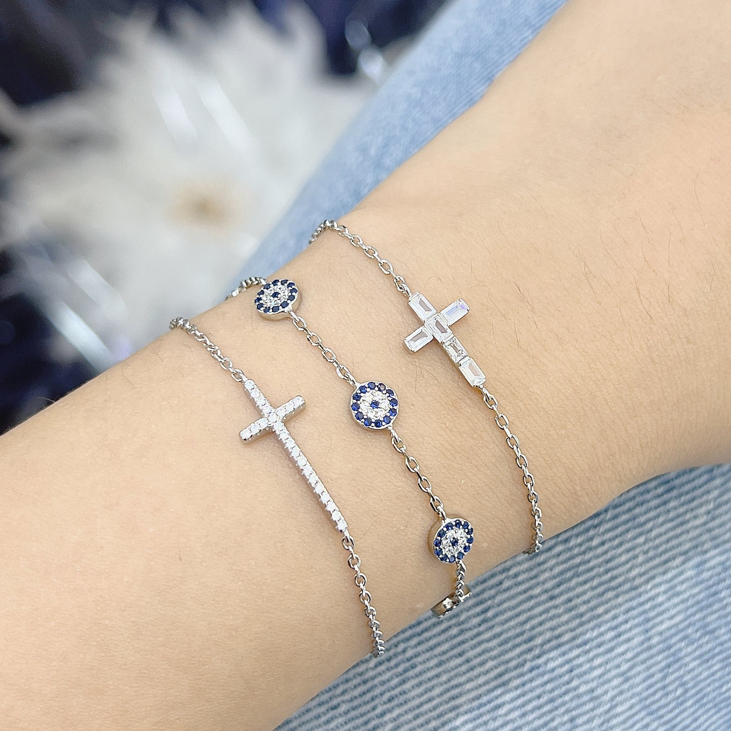 White zircon cross silver 925 jewelry bracelet