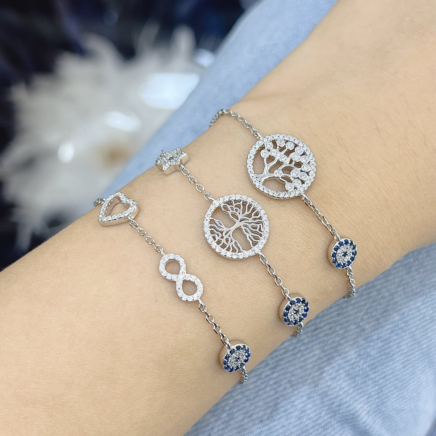 Sapphire and white zircon tree of life round evil eye david star silver 925 bracelet