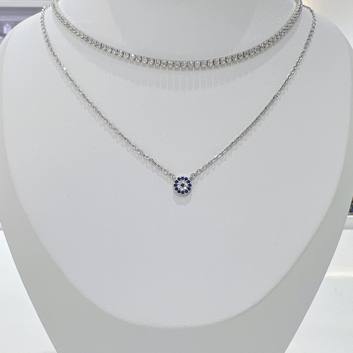 Sapphire and white zircon 8mm round shape evil eye silver 925 necklace